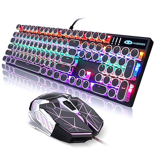 Retro Typewriter Keyboard and Mouse Combo, Cute Black Keyboard with Linear Red Switches, Full Size Wired Mechanical Gaming Keyboard, Cool Light Up Keyboard and Mouse for Gaming,Work,Mac,PC,Windows - black set