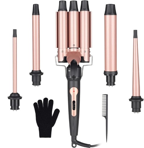 4-in-1 Curling Iron Set with 3 Barrels, Beach Waves Wave Iron for Hair, Large Small Curls with Various Wave Rod Attachments, Ceramic Tourmaline Coating, Curling Iron for Long/Short Hair