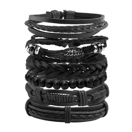 Manfnee 6PCS Braided Faux Leather Bracelet Punk Cuff Wrap Bracelets for Men Women Adjustable Black