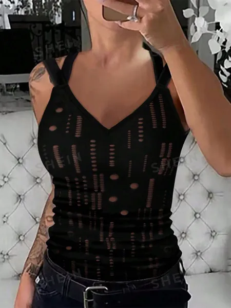 EMERY ROSE Ladies Solid Color Hollow Out Casual Everyday Spring Summer Tank Top