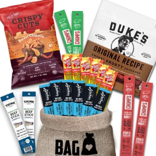 Keto Variety Snacks Pack | 20 Healthy Ketogenic Friendly, Low Sugar, & Low Carb Snack Box, Pork Rinds, Beef Sticks & More | Keto Care Package by Stuff Your Sack