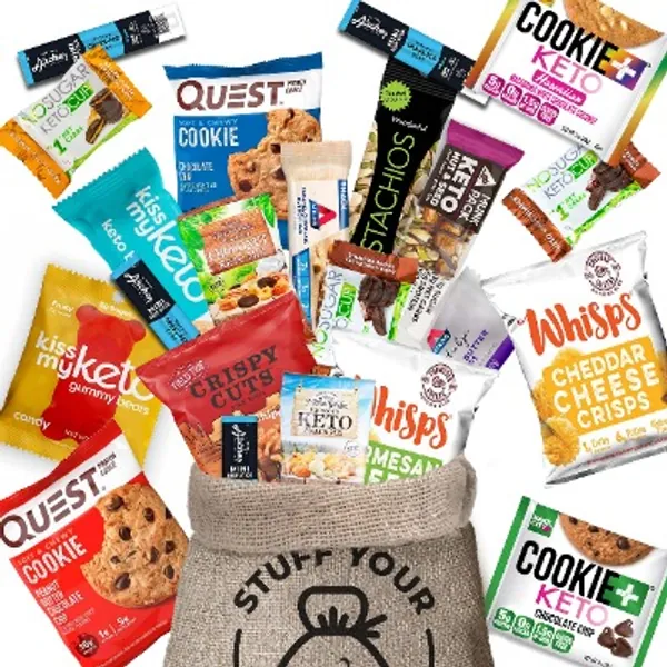 Keto Variety Snacks Pack | 22 Healthy Ketogenic Friendly, Low Sugar, & Low Carb Snack Box, Pork Rinds, Nuts, Cheese Crisps, Cookies, Beef Sticks & More | Keto Care Package by Stuff Your Sack