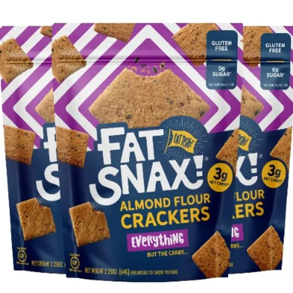 Fat Snax Almond Flour Keto Crackers - Low-Carb and Gluten-Free Keto Crackers with 11g of Fats - 2-3 Net Carb* Keto Snacks - (Everything, 3-Pack)