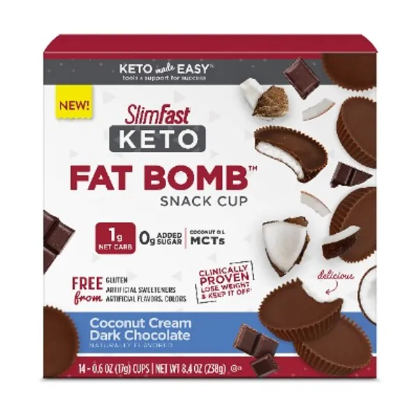SlimFast Keto Fat Bomb Snack Cup, Coconut Cream Dark Chocolate, Keto Snacks for Weight Loss, Low Carb with 0g Added Sugar, 14 Count Box