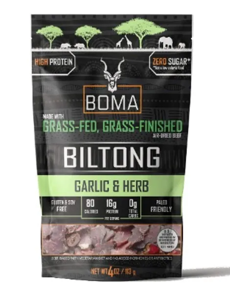 Boma Biltong (Garlic & Herb) - Grass Fed, Grass Finished Air-Dried Beef Snack, Keto, Paleo, Whole30 Friendly, Carnivore Diet, South African Beef Jerky, Gluten Free, Soy Free, No Nitrates, No Hormones, No Antibiotics, (4 Ounce)