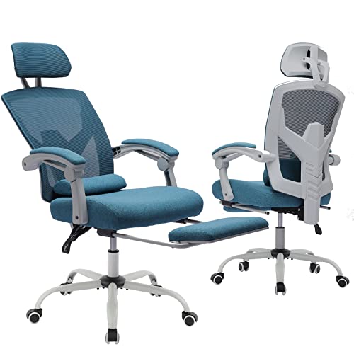 Ergonomic Office Chair, Reclining High Back Mesh Chair, Computer Desk Chair, Swivel Rolling Home Task Chair with Lumbar Support Pillow, Adjustable Headrest, Retractable Footrest and Padded Armrests - Blue