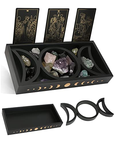 Crystal Tray for Stones, Triple Moon Crystal Holder Box, 3 Tarot Card Stand for Daily Affirmation Cards, Wicca Crystal Display, Detachable Rocks, Essential Oil Organizer, Witch Altar Gift - Black