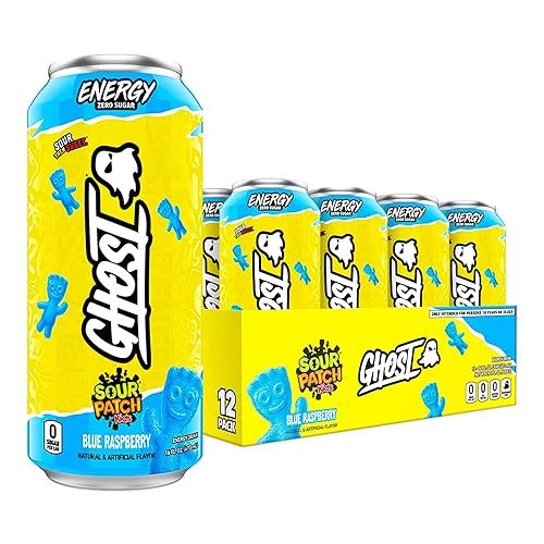 GHOST Energy Drink - 12-Pack, Sour Patch Kids Blue Raspberry, 16oz - Energy & Focus & No Artificial Colors - 200mg Natural Caffeine, L-Carnitine & Taurine - Gluten-Free & Vegan - SOUR PATCH KIDS Blue Raspberry