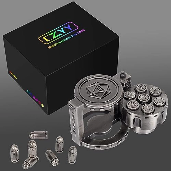 CZYY Metal Polyhedral Bullet Dice Set of 7 with Spinning Revolver Cylinder Container - Cyberpunk Style Dice for Warhammer 40K, D&D, Sci-Fi, War, or Crime Theme Tabletop Games (Sliver) - Sliver