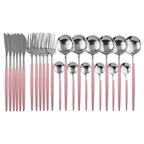 Stainless Steel Cutlery Set (24pc) - Pink and Silver