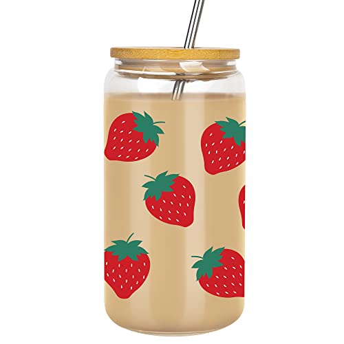 Strawberry Iced Coffee Glass Cup + Straw