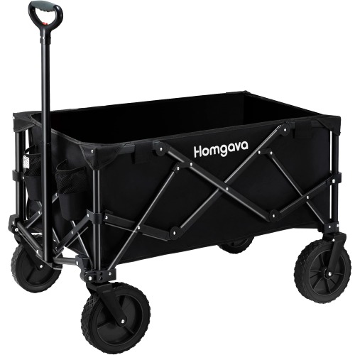 Homgava Collapsible Folding Wagon Cart,Outdoor Beach Wagon,Heavy Duty Garden Cart with All Terrain Wheels,Portable Large Capacity Utility Wagon for Camping Fishing Sports Shopping, Black - Black