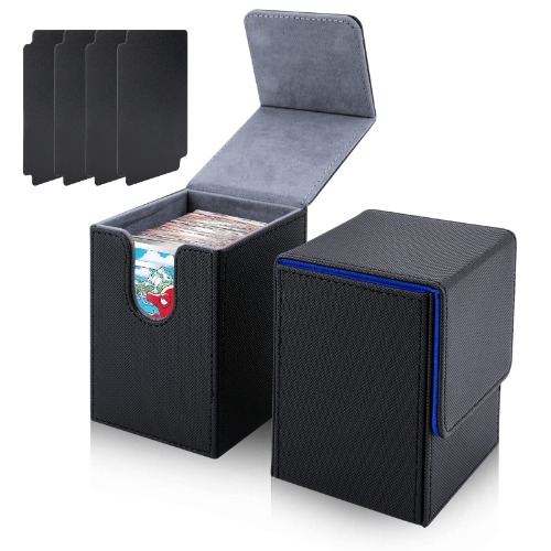 LINGSFIRE 2 Boxes Leather Deck Card Boxes, Magnetic Deck Box with 2 Dividers per Holder, Large Size for 100+ Sleeved Cards Trading Card Case Holder Storage for MTG - 