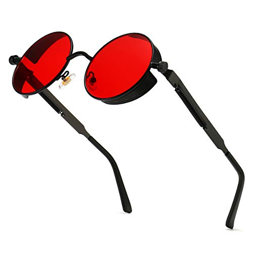 Steampunk Polarized Sunglasses For Men, Professional Uv Protection, Round Gothic Shades Style Women, Metal Rave Frame - Red
