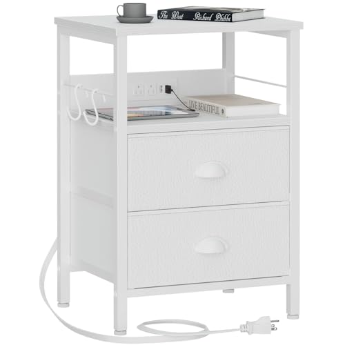 Furologee End Table with Charging Station, Nightstand with Fabric Drawers, Side Tables with USB Ports & Outlets, Night Stand with Storage Shelf & Hooks, for Living Room/Bedroom, White - White - 1