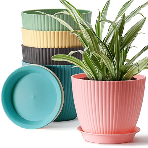 Giraffe Creation 6 inch Plant Pots, 5 Pack Flower Pots Outdoor Indoor, Planters with Drainage Hole and Tray Saucer - Colorful 6 Inch