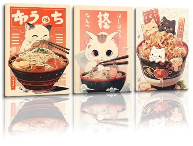 3Pcs Kawaii Japanese Ramen Cat Posters Cute Animal Cats Eat Food Wall Art Retro Japanese Canvas Paintings Ramen Cat Lovers Gift Pictures Posters Printings Modern Kitchen Wall Decor 12x16 Inches Unframed - Ramen Cat Unframed - 12" x 16" x 3