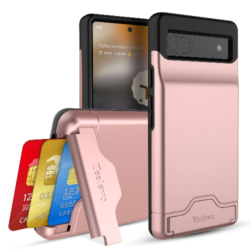 Teelevo Dual Layer Wallet Case for Google Pixel 6a (2022), Protective Case with 3-Card Storage for Google Pixel 6a - Rose Gold - Rose Gold