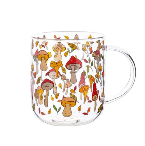 Mushroom Clear Glass Mug with Handle 16oz Cottagecore Glass Cup with Colorful Mushroom Patterns Cute Aesthetic Coffee Tea Milk Mug Mushroom Stuff (Mushroom) - Mushroom