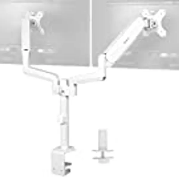 VIVO Dual Monitor Arm Mount for 17 to 32 inch Screens - Pneumatic Height Adjustment, Full Articulating Tilt, Swivel, Heavy Duty VESA Stand with Desk C-clamp and Grommet Option, White, STAND-V002KW