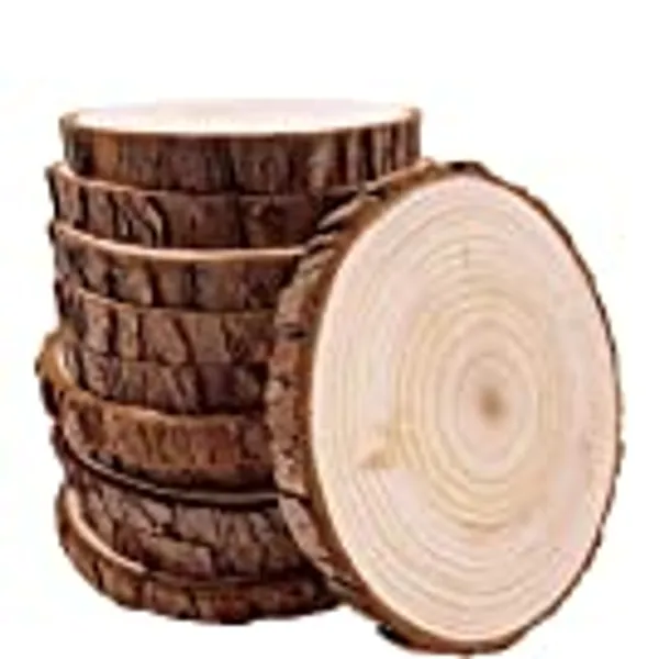 Unfinished Natural with Tree Bark Wood Slices 10 Pcs 4.2-4.7 inch Disc Coasters Wood Coaster Pieces Craft Wood kit Circles Crafts Christmas Ornaments DIY Crafts with Bark for Crafts Rustic Wedding