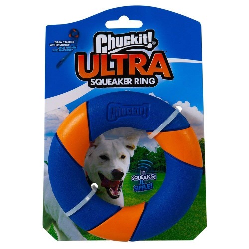 Chuckit! Ultra Squeaker Dog Rubber Ring Erratic Bounce, Zig-Zags & Hops With Squeak Interactive Fetch Play, Blue