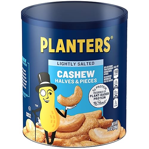 PLANTERS Lightly Salted Cashew Halves & Pieces, 14 oz Canister - Cashews Roasted in Peanut Oil - Seasoned with Sea Salt - Snacks for Adults - Resealable Lid for Long-Lasting Freshness - Kosher - Lightly Salted - 14 Ounce (Pack of 1)