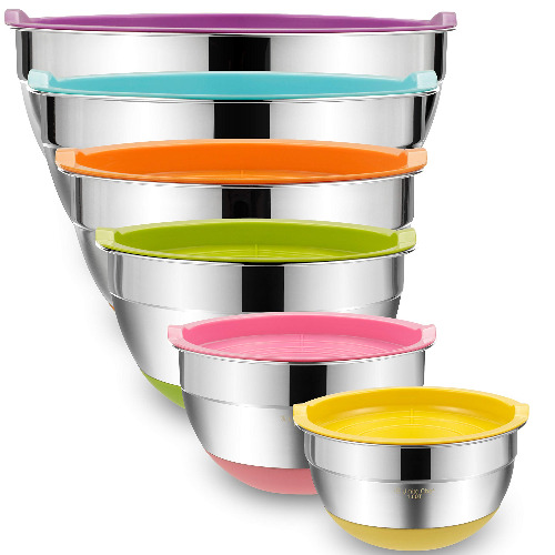 Mixing Bowls with Airtight Lids, 6 Piece Stainless Steel Metal Bowls by Umite Chef, Measurement Marks & Colorful Non-Slip Bottoms Size 7, 3.5, 2.5, 2.0,1.5, 1QT, Great for Mixing & Serving