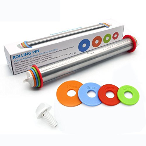 OFKPO Rolling Pin with 4 Removable Thickness Rings, Stainless Steel Baking Roller Adjustable for Baking Dough Pizza Pie Fondant and Cookies
