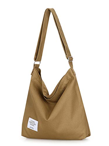 Covelin Women's Retro Large Size Canvas Shoulder Bag Hobo Crossbody Handbag Casual Tote - Camel