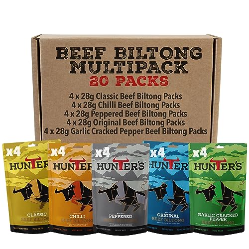 Hunters Beef Snack 20 Pack Variety Beef Biltong, 560g Mixed Flavours - Biltong Bites - Grass Fed Beef Strips - High Protein Snacks - Carnivore Snacks - Low Calorie - Meat Snacks - Beef Jerky