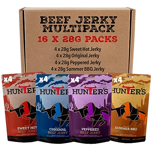 Hunters Beef Snack 16 Pack Variety Beef Jerky, 448g Mixed Flavours - Grass Fed Beef Jerky Snack - Beef Strips - High Protein Snacks - Carnivore Snacks - Low Calorie - Meat Snacks Beef Crisps