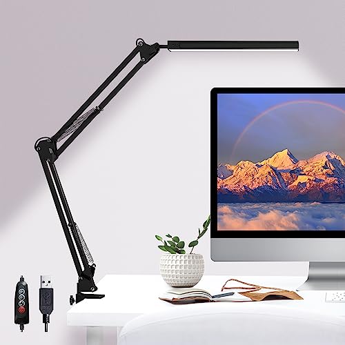 GLOBAL GOLDEN LED Desk Lamp with Clamp, Desk Light Metal Swing Arm Desk Lamp Eye-Care Dimmable USB Table Lamp for Study, Office, Working, Drawing, 3 Lighting Modes,10 Adjustable Brightness