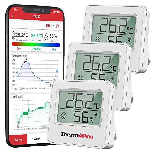 ThermoPro TP357 Room Thermometer Indoor Bluetooth Hygrometer Humidity Meter and Temperature Monitor with Smart App and Data Recording with Humidity Sensor for Baby Room Office, 3 Pieces - White - 3 Pack