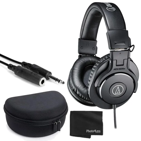 Audio-Technica ATH-M30x Closed-Back Monitor Headphones (Black) + Headphone Case + 1/4 inch TRS Extension Cable + Cloth – Deluxe Headphone Bundle - 
