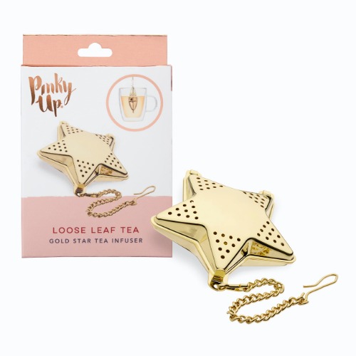 Pinky Up Star Shaped Tea Ball Loose Leaf Infuser with Chain Hook, Stainless Steel, Gold Finish
