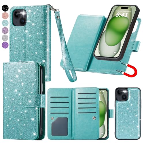 Varikke for iPhone 15 Wallet Case, Detachable Magnetic Wallet Flip Cases Fits iPhone 15 [6.1 inch] Phone Cover for Women with Card Holder & Kickstand & Wrist Strap Glitter PU Leather, Mint - Silver