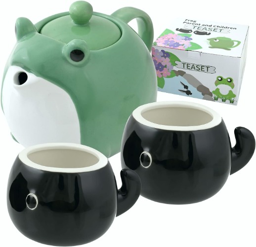 HAKONE YOSEGI Frog Teapot & Teacup Cute Tableware Japanese tea set, Tea Service Set Ceramic Tea Pot (30 oz), 2-Piece Tea Cups (5 oz) (tea pot ＆ 2 tea cup)