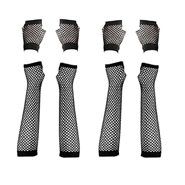 VIKSAUN 4 Paar Lang und Kurz Fischnetz Handschuhe Schwarz Fingerlose Fischnetz Handschuhe Netz Mesh Handschuhe, Damen Handschuhe, Abendhandschuhe für 80er Jahre Verkleidung Kostüm Party Lieferungen