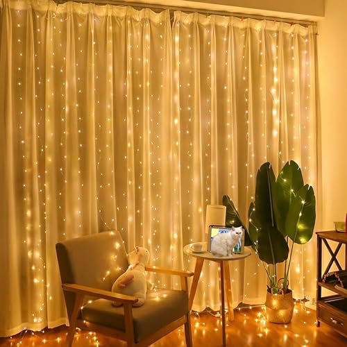 Bigzom Rideau de lumière de fée,Rideau de lumière intérieur extérieur 2x2 m Lumières de fée intérieure 200 LED IP65 Imperméable Rideau de lumière de fée avec 10 crochets pour la Saint-Valentin (Blanc - 24