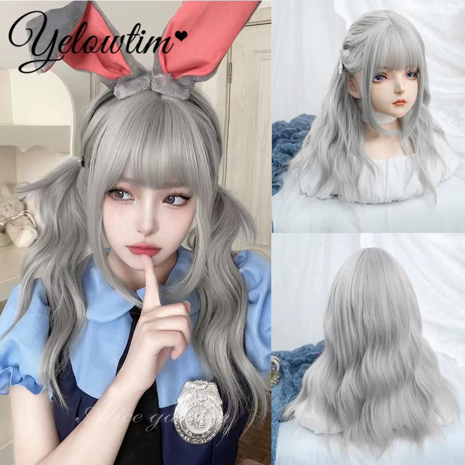 Cheveux longs et bouclés synthétiques pour femmes, cheveux longs ultraviolets, ensemble de tête complet, grande vague, lolita mignonne, cheveux naturels, gris argent, célébrité d'internet - AliExpress 200165144
