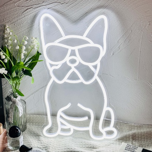 iPuppy French Bulldog Neon Sign Frenchie Wearing Glasses LED Neon Lights, White 10.2"x15.7"