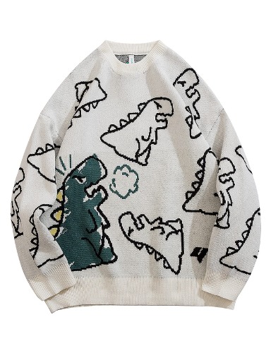 Arssm Dinosaur Sweater Women y2k Vintage Oversized Graphic Streetwear Knit Sweater Casual Cute Kawaii Tops - S - White