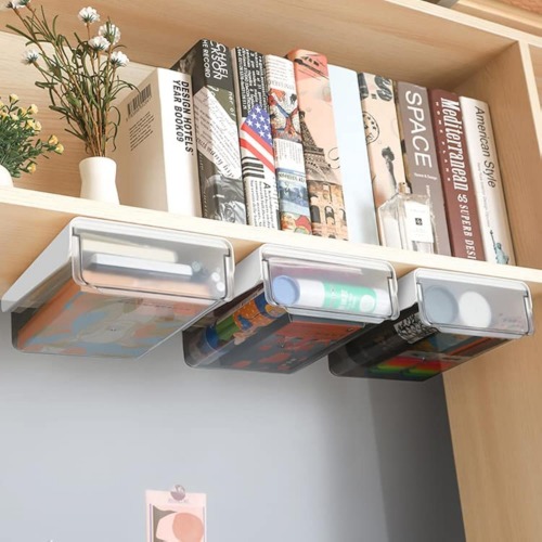 ELJIF Under Desk Drawer -, Office Organizer, Storage Cabinet, Self-adhesive Plastic Organizer Box, Slide-out Cabinet, Desk Caddy Single Small (White) - Small