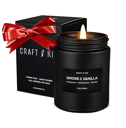 Premium Smoke & Vanilla Candle | Christmas Scented Candles for Men | Holiday Candles | Soy Candle | Fall Candles for Home Scented | Black Candles, Long Lasting Candles with 45 Hour Burn Time 7.6oz - Smoke & Vanilla - Black Jar - 7.6oz