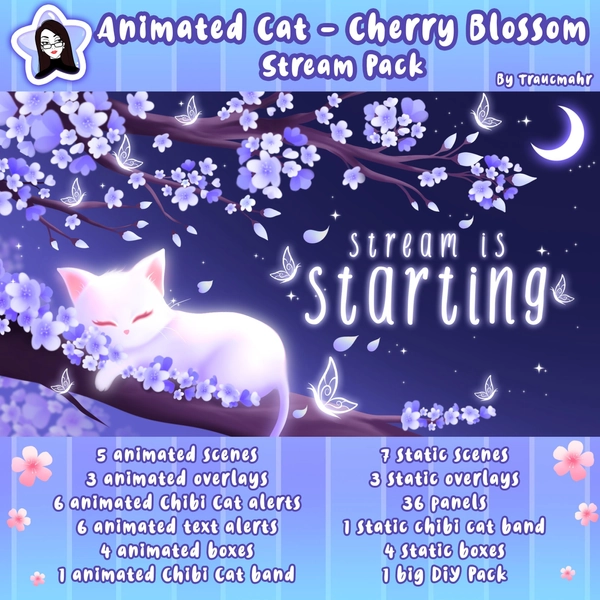 ANIMATED White Cat Cherry Blossom Stream Pack, Superpositions, Scènes, Alertes, Panneaux, Caméra, Bordures d’écran, Chibi, Package de flux pour Twitch