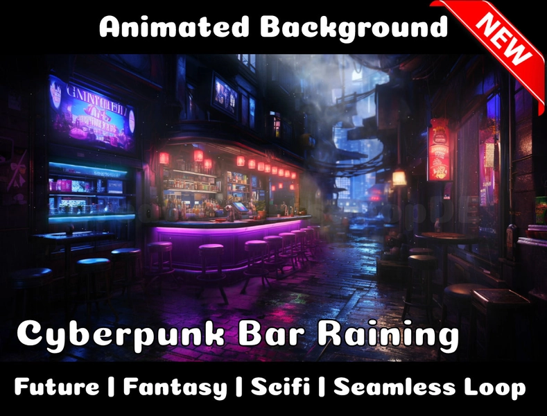 FOND ANIMÉ | Bar Cyberpunk avec pluie | Future Fantasy Fiction en boucle Fond de superposition de flux Vtuber Twitch
