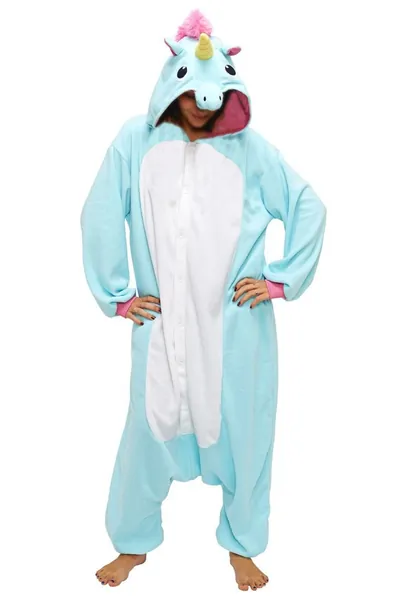 Anebalrui Damen Herren Jumpsuit Overall Fasching Tier Einhorn Kostüm fasching Anime Cosplay Halloween Karneval Kostüm Schlafanzug Pyjama Erwachsene (M für 156cm-165cm/61.0"- 64.9", Blaues Einhorn) - Blau Einhorn M