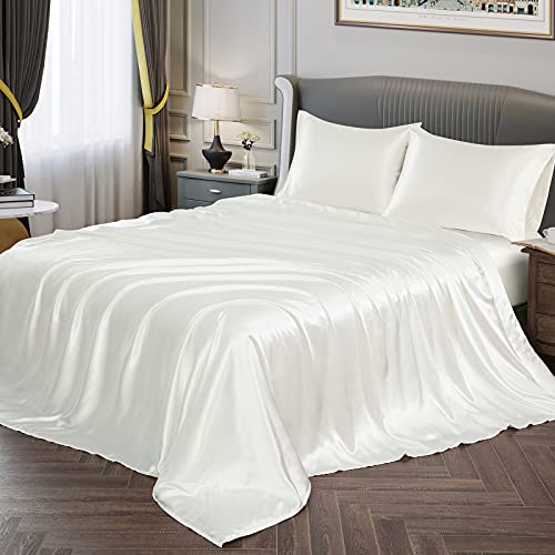 Vonty Satin Sheets Queen Size Silky Soft Satin Bed Sheets Ivory White Satin Sheet Set, 1 Deep Pocket Fitted Sheet + 1 Flat Sheet + 2 Pillowcases - Queen - Ivory White