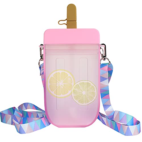 AFLUTE Cute Water Bottle with Straw - 300 ML Creative Ice Cream Popsicle Cups Adjustable Shoulder Strap for School Girls, Kawaii Leakproof BPA Free Drinking Bottles Camping Sports Travel(Pink) - Pink